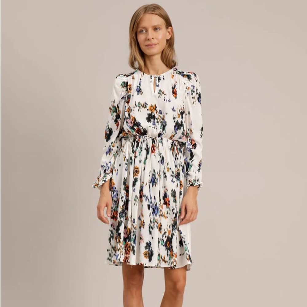Floral Print Long-Sleeve Pleated Dress - White
